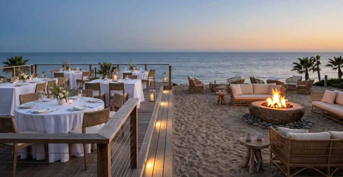 Sophisticated hybrid coastal wedding reception with elegant wooden decking for dining area transitioning to sand lounge zone with fire pit