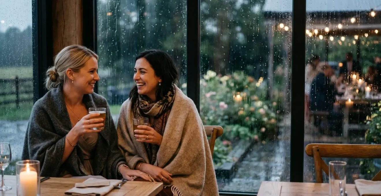 Warm intimate wedding celebration embracing rainy day with candlelight and soft textures