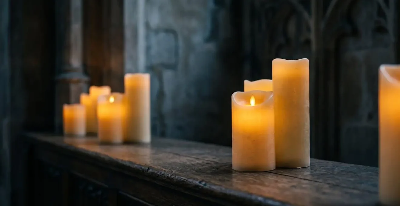 Close-up of elegant LED candles creating soft warm light on vintage wooden surface in a dimly lit historic interior setting