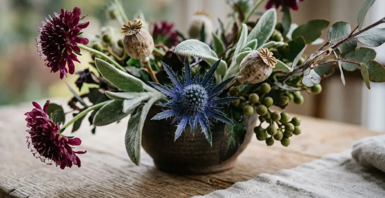 Close-up of wild local flowers and natural foliage in organic arrangement with textural depth