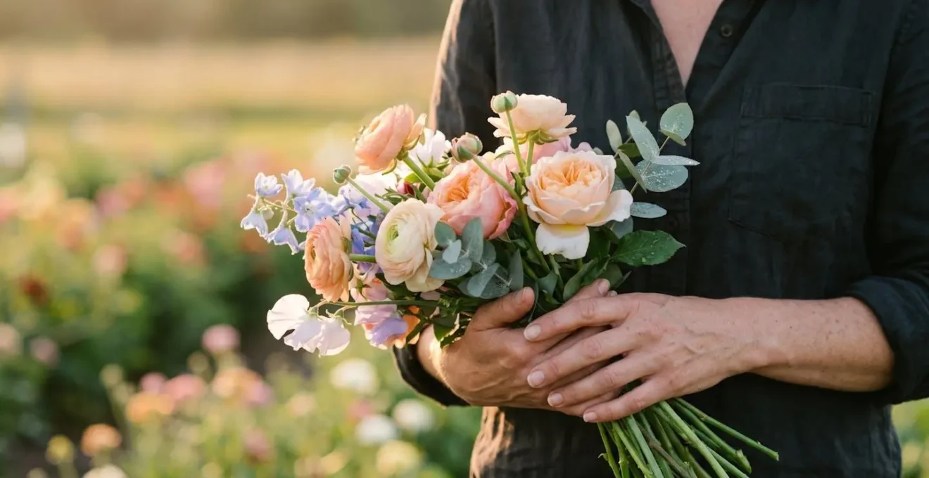 Close-up of florist hands selecting freshly harvested seasonal flowers at local farm with natural morning light