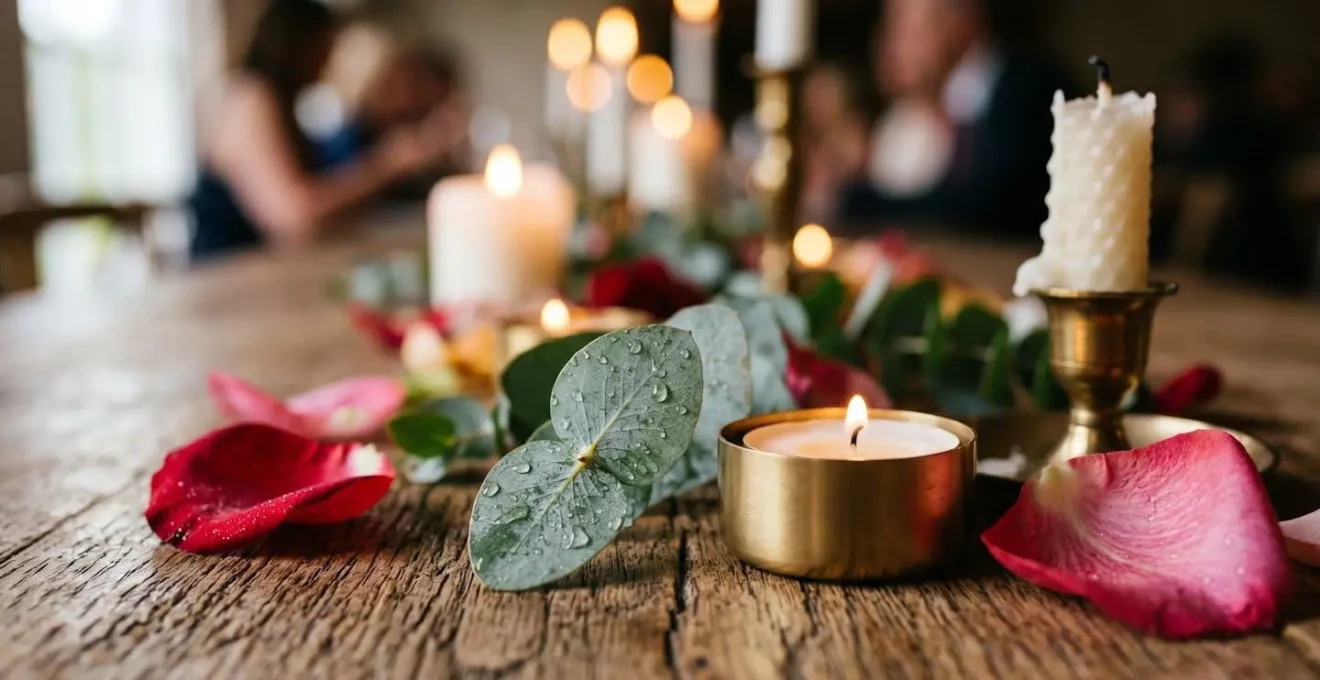 Low-profile wedding table centerpiece design allowing clear eye contact across farmhouse table