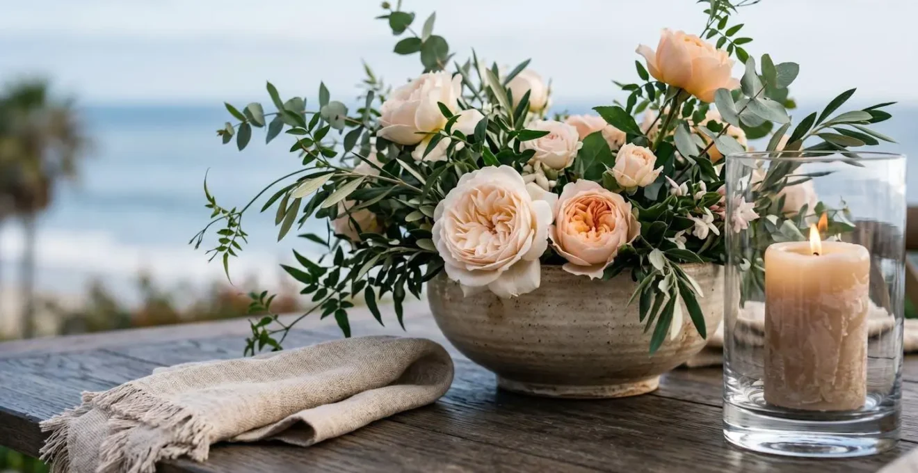 Elegant low-profile wedding centerpiece with weighted vessel and sprawling greenery designed for coastal wind resistance