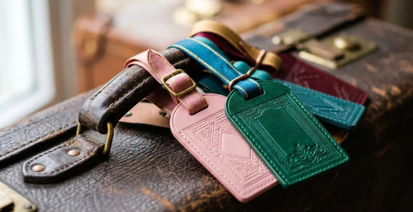 Macro detail of elegant wedding luggage tags with color-coded ribbons on vintage leather suitcase