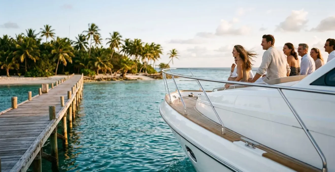 Elegant yacht approaching a private island jetty with guests aboard at golden hour