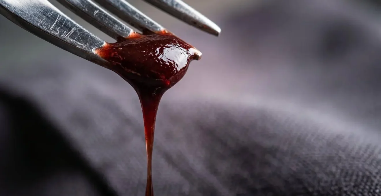 Extreme close-up of glistening sauce-covered food showing drip and splatter potential on elegant fabric