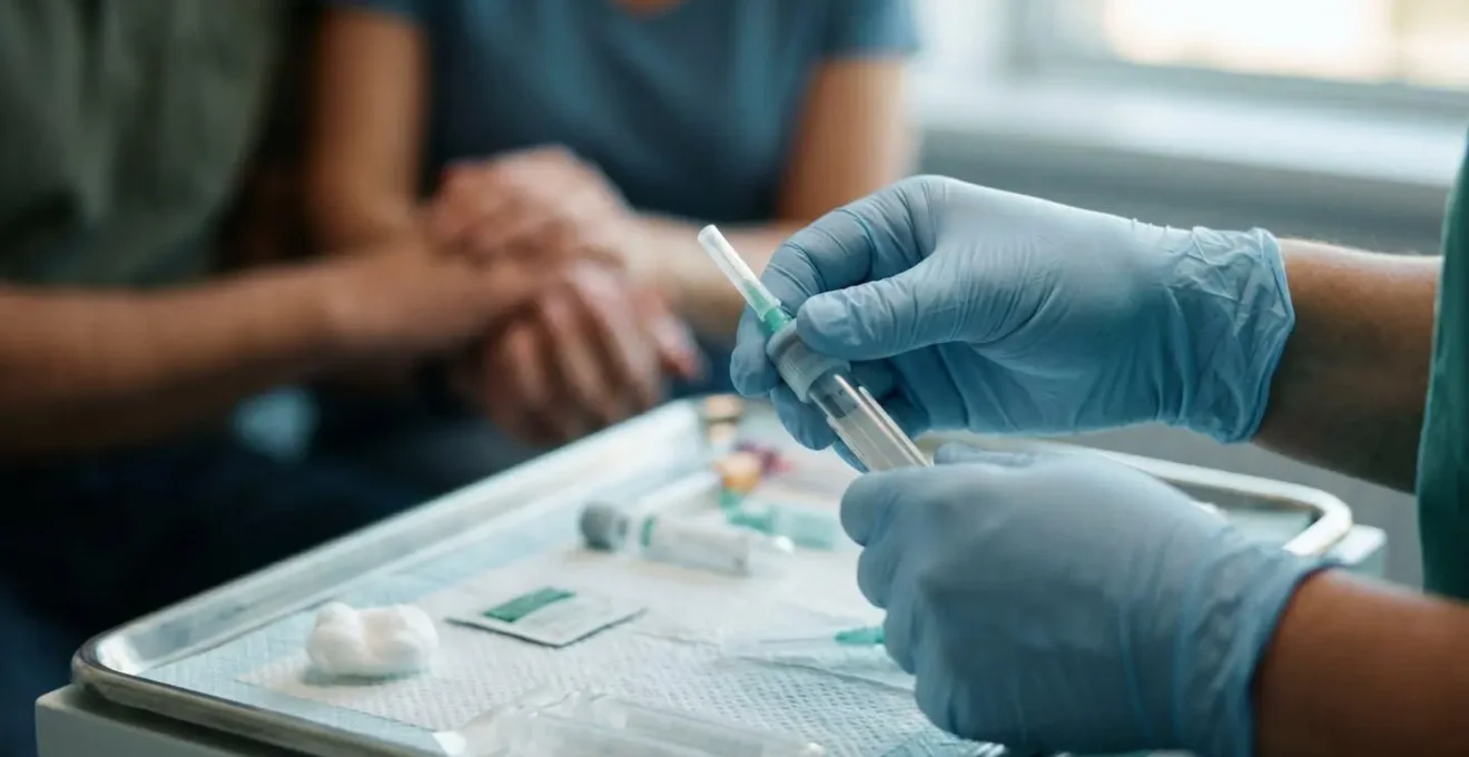 Close-up of medical professional preparing blood test equipment in clean clinic setting