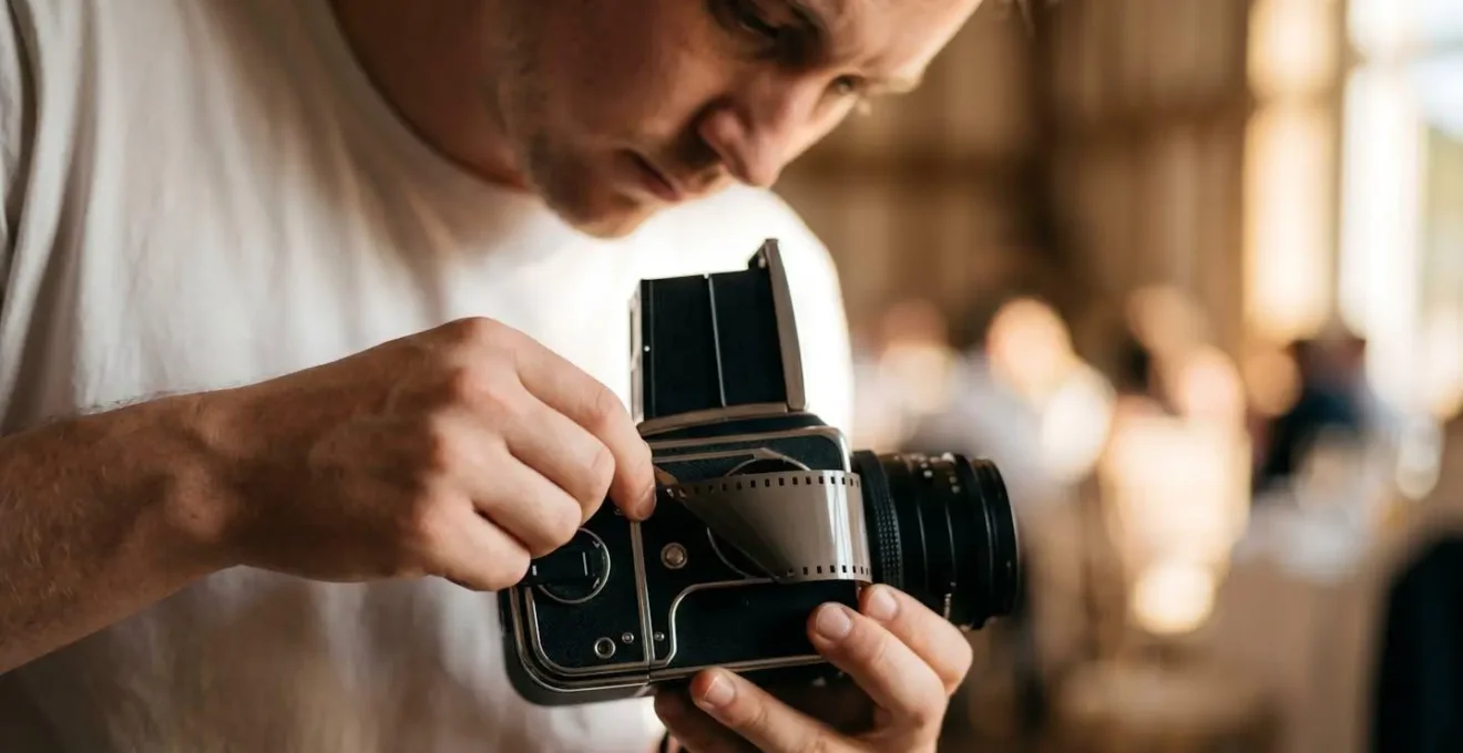 Intimate moment of wedding photographer carefully handling medium format film camera with intentional mindfulness and precision