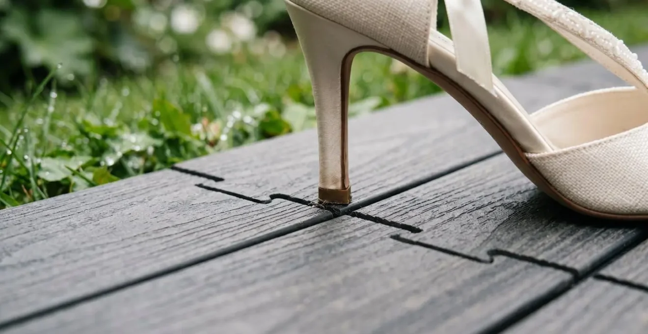 Sophisticated temporary flooring solution protecting elegant footwear from wet outdoor terrain