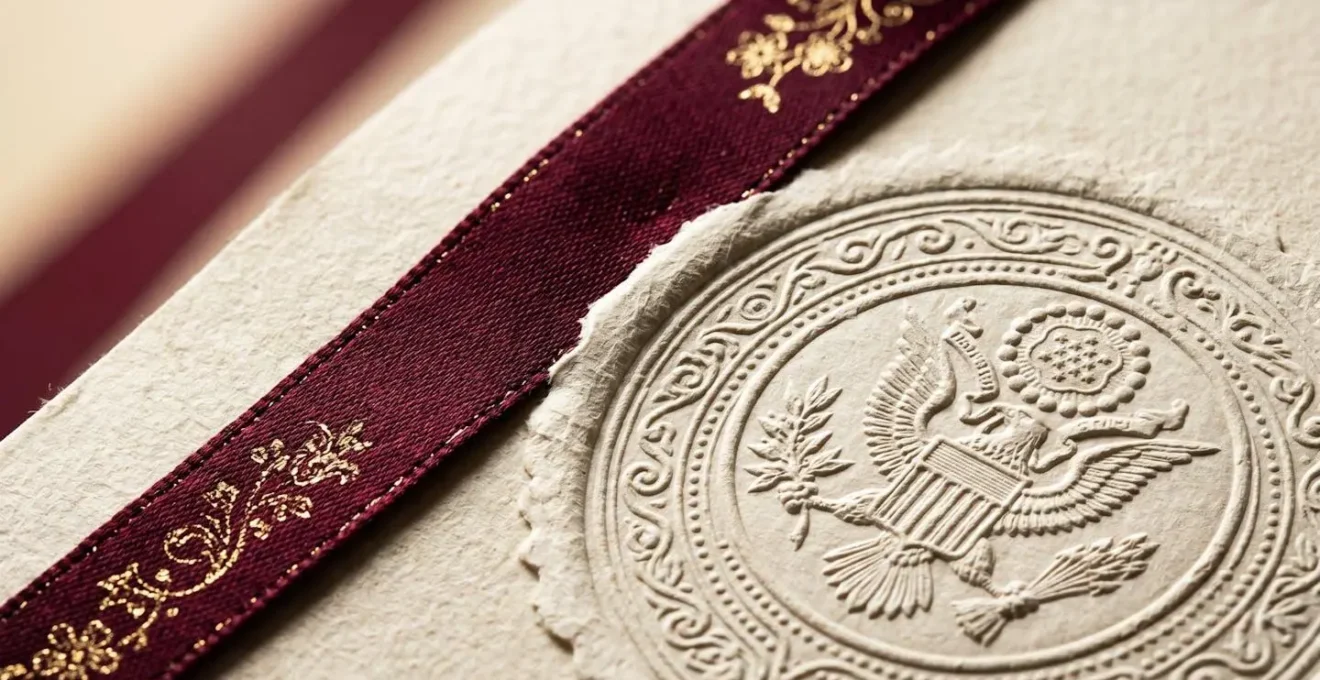 Detailed macro view of official government seal and ribbon on marriage certificate corner