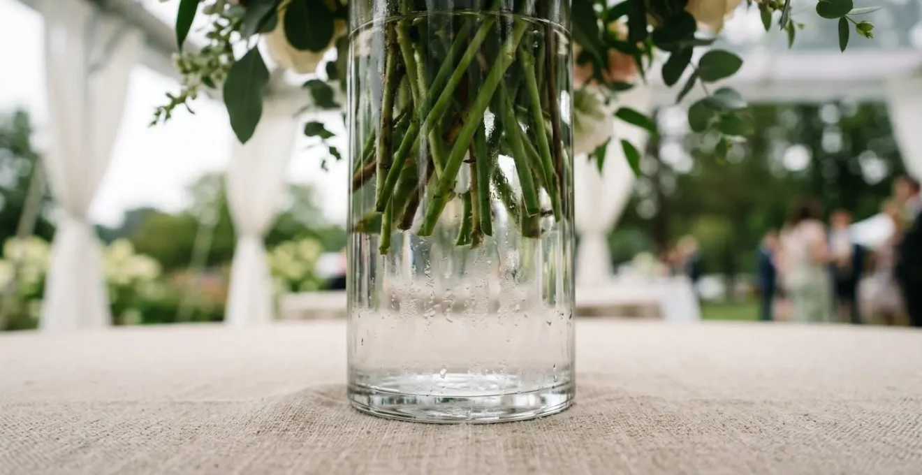 Close-up macro view of top-heavy wedding vase centerpiece base showing low center of gravity concept outdoors