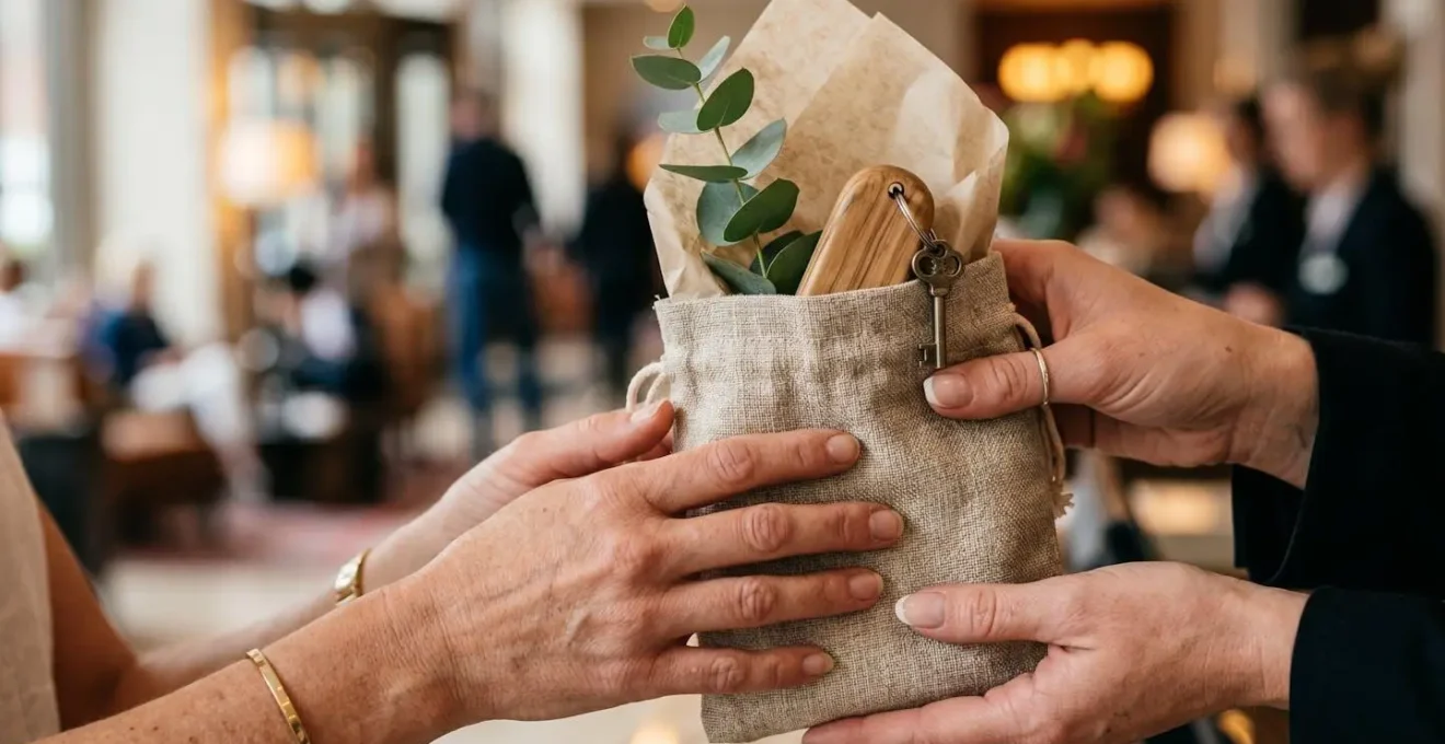 Wedding coordinator warmly greeting arriving guests in hotel lobby with pre-prepared welcome materials