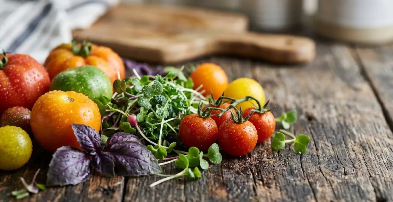 Close-up macro shot of fresh seasonal vegetables and herbs emphasizing ingredient quality and farm-to-table wedding catering authenticity