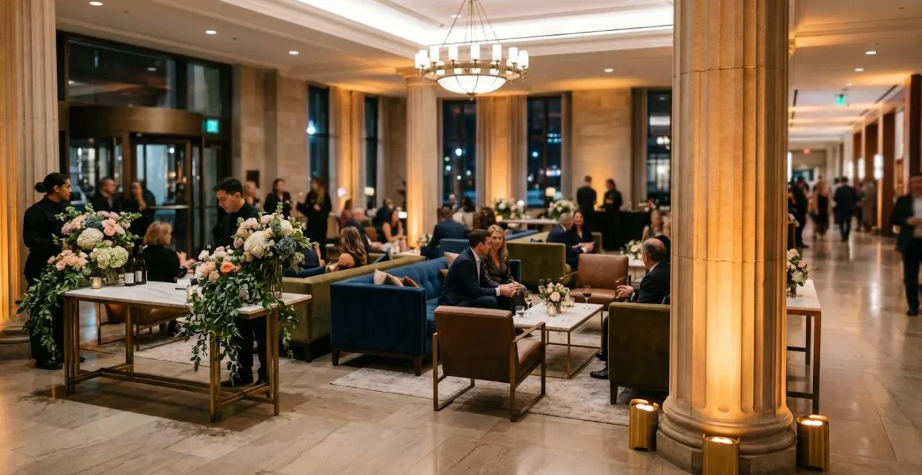 Sophisticated hotel lobby transformed into intimate private event space using multi-sensory design elements