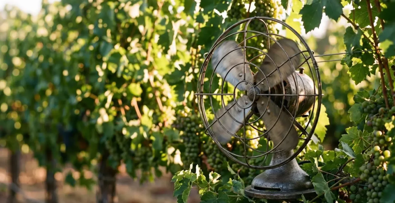 Elegant oscillating fans positioned around vineyard ceremony space creating natural airflow barriers