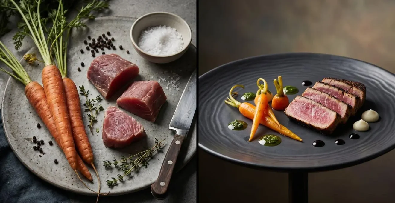 Conceptual composition showing the transformation of casual street food into elegant wedding presentation through plating and styling
