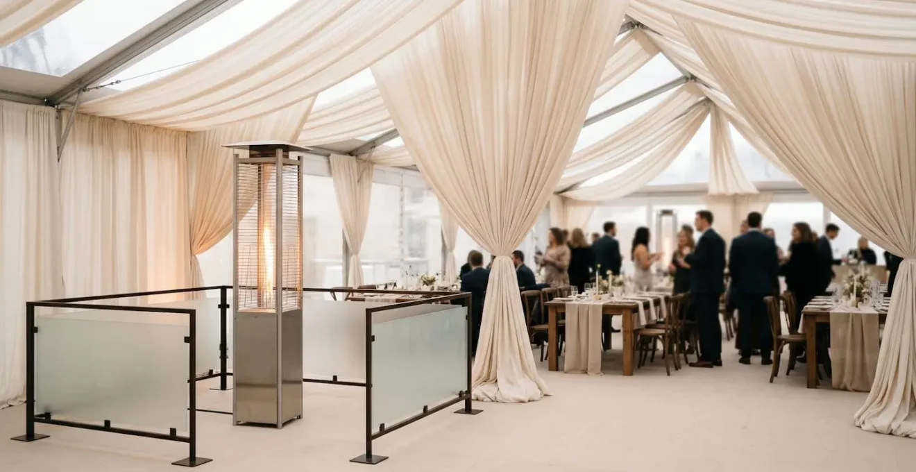 Modern heating tower seamlessly integrated into elegant tent wedding decor with fabric draping and safety clearance