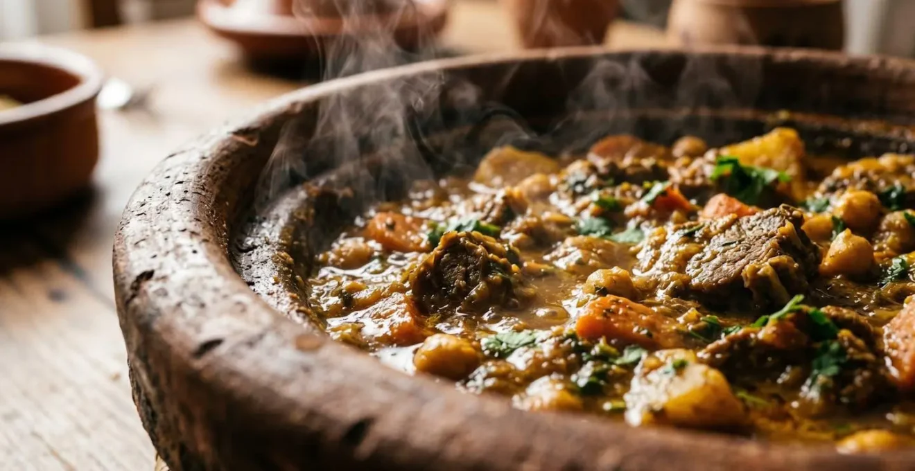 Traditional clay pot filled with aromatic curry demonstrating heat retention for family-style wedding service