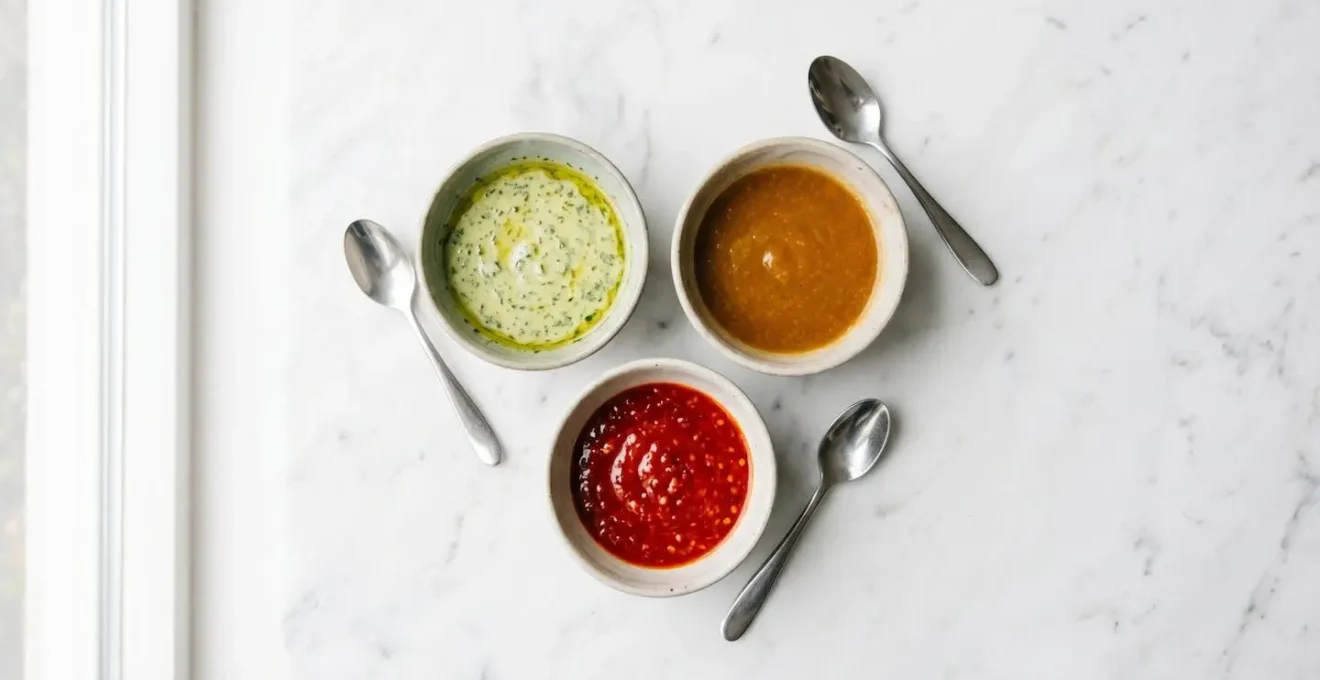 Three elegant sauce bowls offering mild to spicy condiment options for customizable wedding dining experience with diverse guest preferences