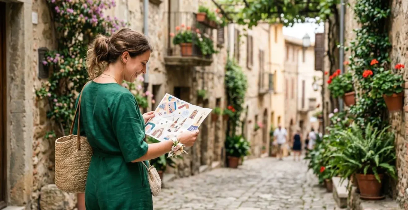 Solo traveler exploring charming local street corner with custom map in hand during personal discovery time