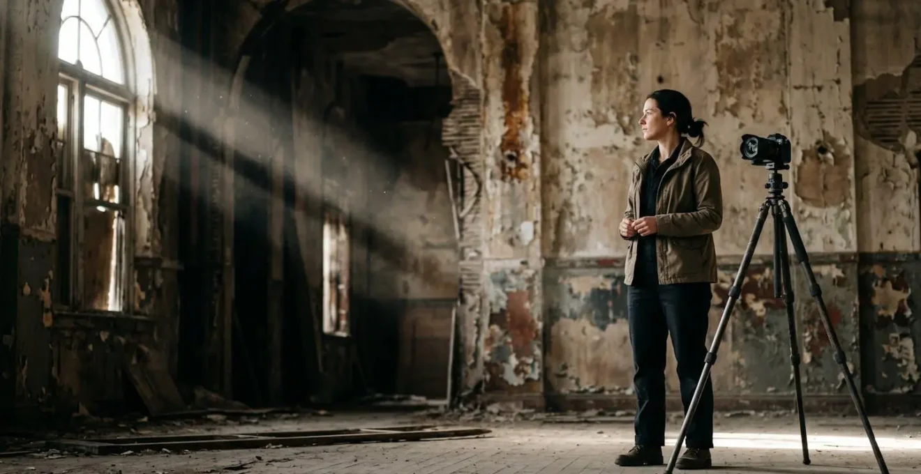 Photographer respectfully documenting abandoned interior with natural light and minimal equipment