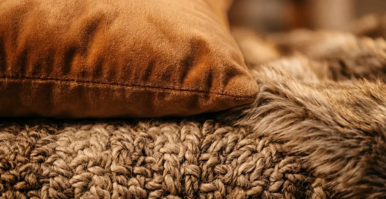 Close-up of intimate wedding lounge area with layered textiles and warm lighting creating cozy acoustic and thermal sanctuary