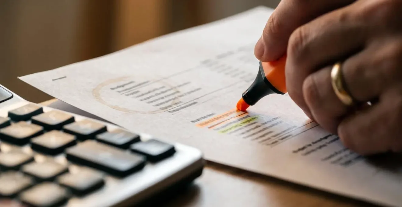 Extreme close-up of wedding budget spreadsheet corner with calculator and worried hands highlighting unexpected expenses