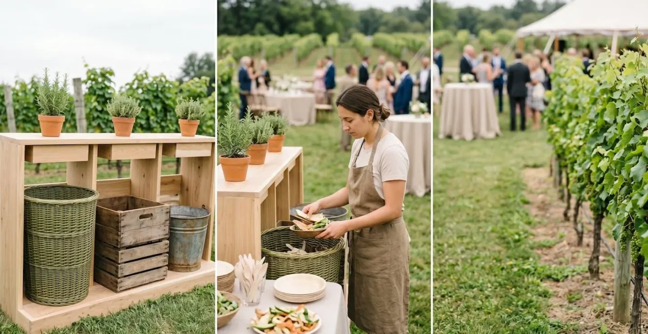 Organized three-bin waste sorting station at outdoor vineyard wedding reception