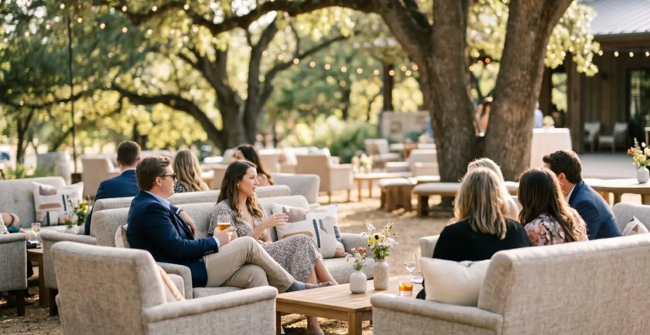 Peaceful lounge area with comfortable seating arrangements in a natural outdoor setting during daytime, representing guest downtime.