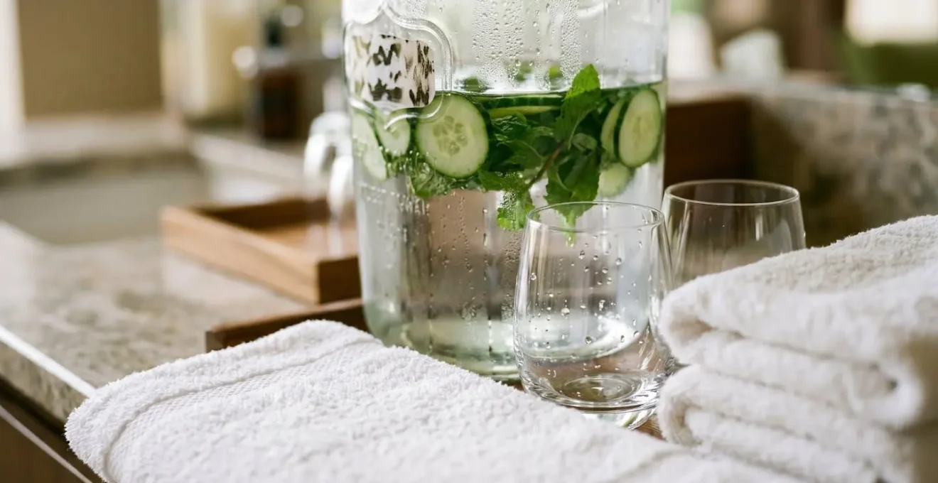 Close-up of elegant refreshment station with infused water dispensers and chilled towels on marble surface
