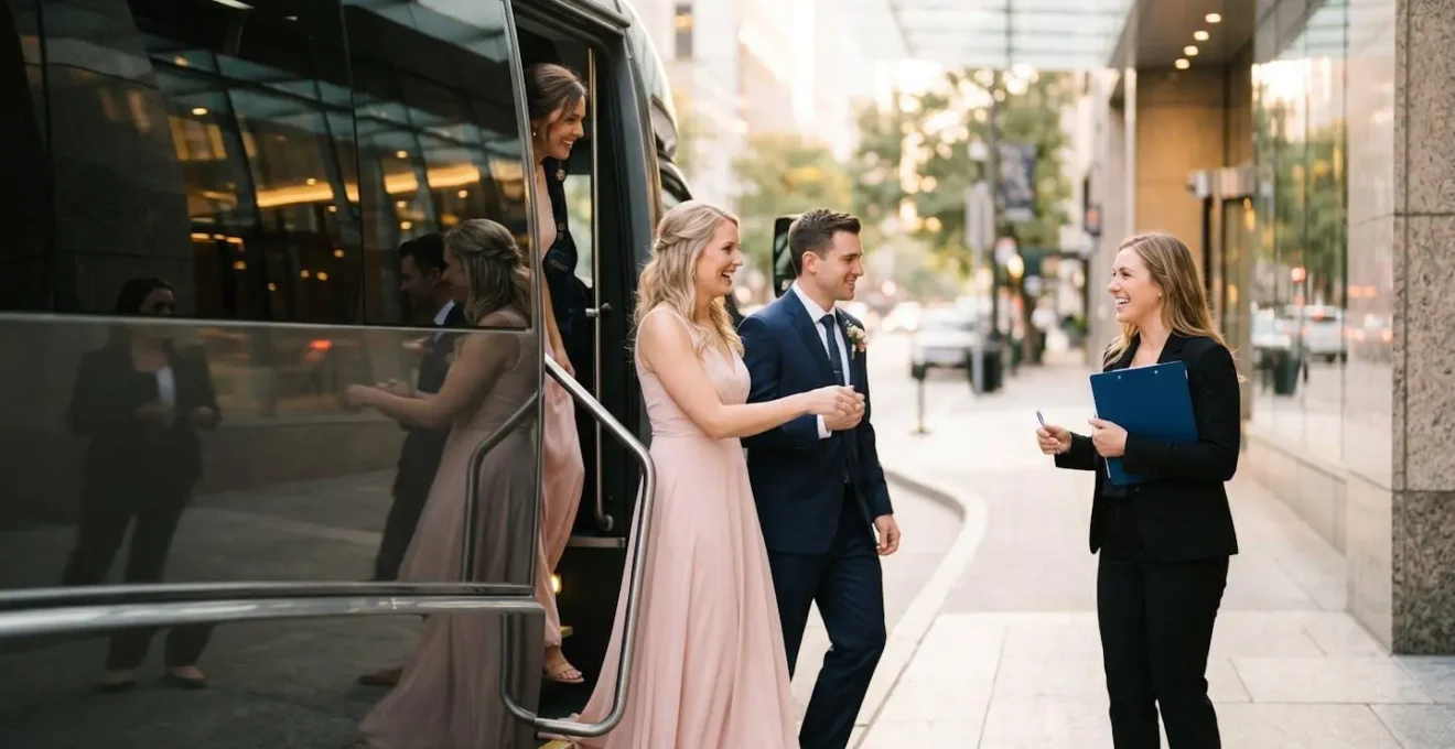 Professional photograph showing elegant shuttle bus coordination at an urban wedding venue with organized guest arrival