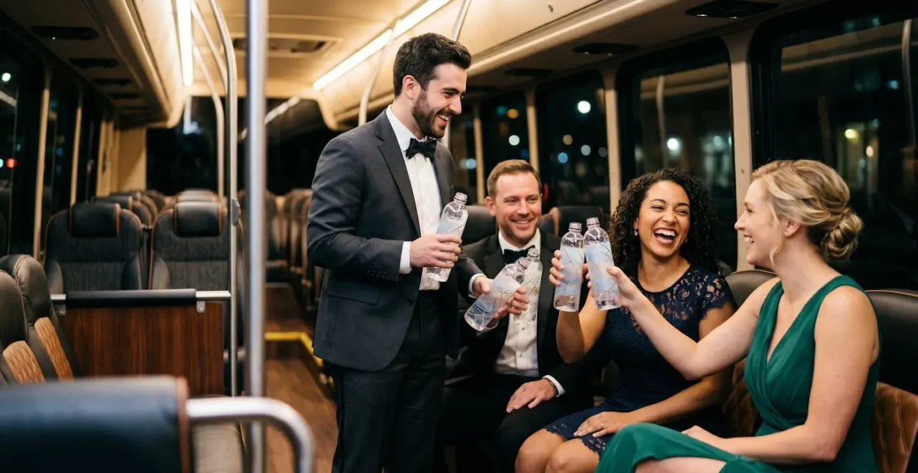 Wedding guests enjoying amenities on a party shuttle bus with comfortable seating and festive atmosphere