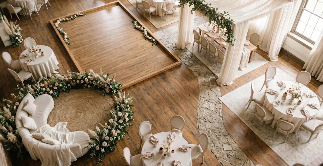 Overhead view showing spatial arrangement and flow within a wedding tent environment