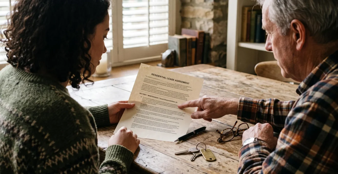 A renter and owner review a printed rental agreement together at a wooden table.