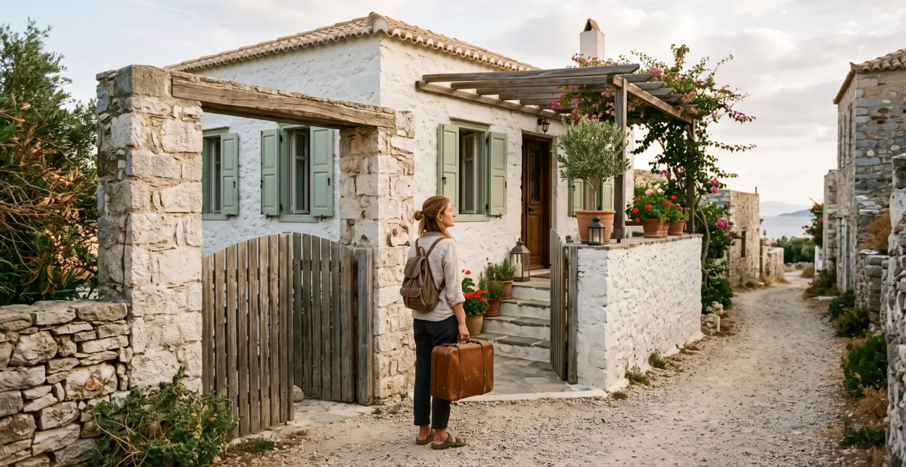 A traveler with a suitcase stands at the gate of a whitewashed villa on an island lane.