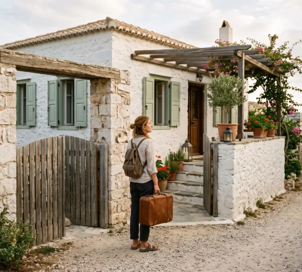 A traveler with a suitcase stands at the gate of a whitewashed villa on an island lane.