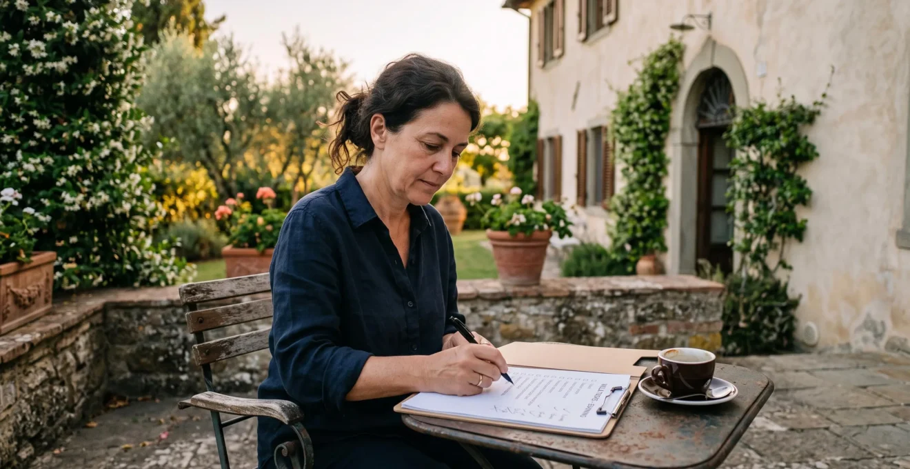 A woman ticks items on a printed checklist at a villa terrace table in evening light.